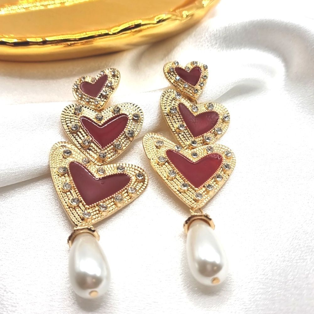 Anthropologie triple heart rhinestone pearl dangle earrings | NWOT